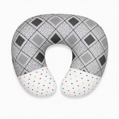 Ergonomic 22 by 28 inch feeding and nursing pillow in grey check print