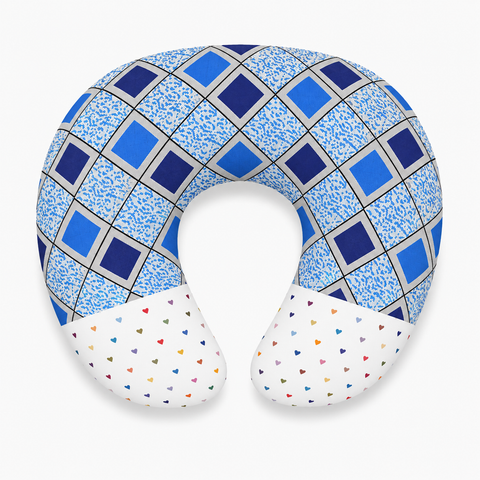 Ergonomic 22 by 28 inch feeding and nursing pillow in blue check print