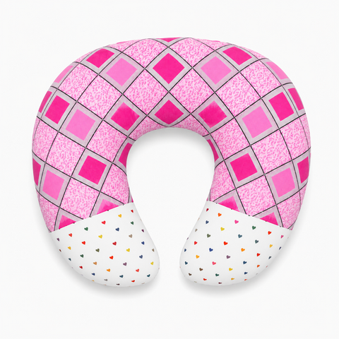 Ergonomic 22 by 28 inch feeding and nursing pillow in pink check print