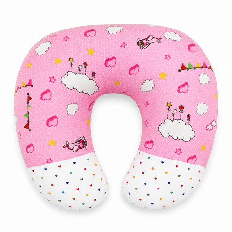 Ergonomic 22 by 28 inch feeding and nursing pillow in pink cloud print
