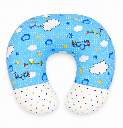 Ergonomic 22 by 28 inch feeding and nursing pillow in sky blue cloud print