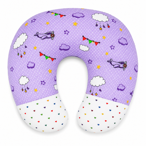 Ergonomic 22 by 28 inch feeding and nursing pillow in purple cloud print