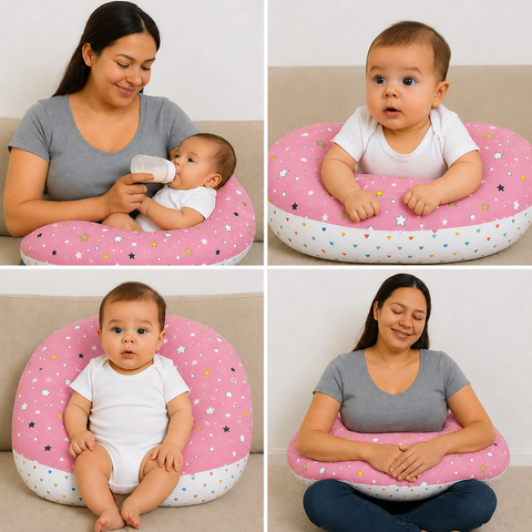 Mother using pink star print nursing pillow for comfortable breastfeeding