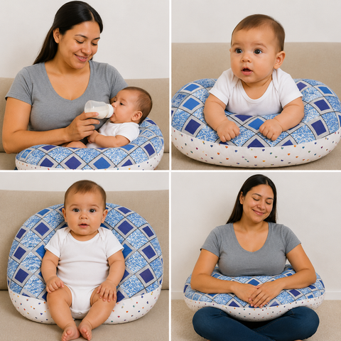 Mother using blue check print nursing pillow for comfortable breastfeeding