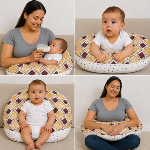 Mother using mustard check print nursing pillow for comfortable breastfeeding