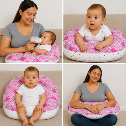 Mother using pink check print nursing pillow for comfortable breastfeeding