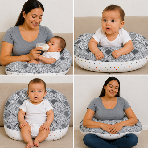 Mother using grey check print nursing pillow for comfortable breastfeeding