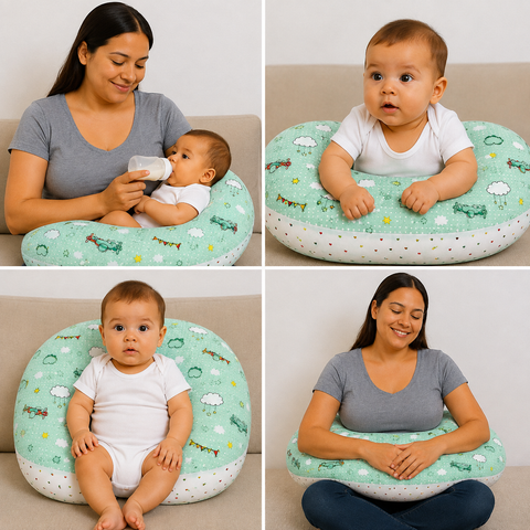 Ergonomic 22 by 28 inch feeding and nursing pillow in green cloud print