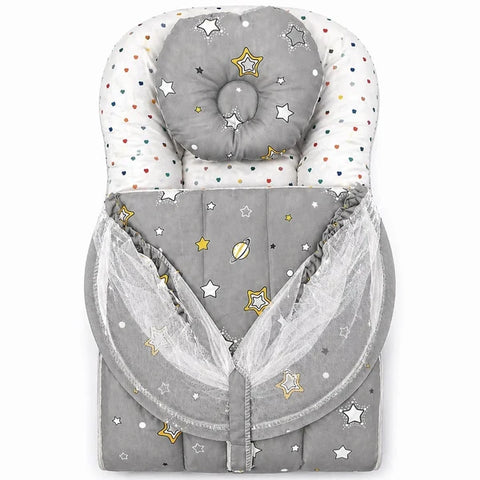 Matching baby head support pillow in grey star print fabric