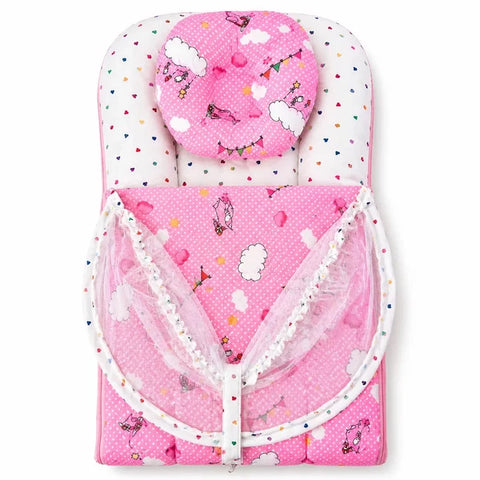 Matching baby head support pillow in pink cloud print fabric