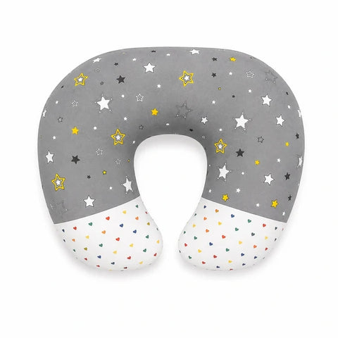 Ergonomic 22 by 28 inch feeding and nursing pillow in grey star print