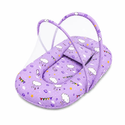 Baby mosquito net bed with matching pillow in soft purple cloud print