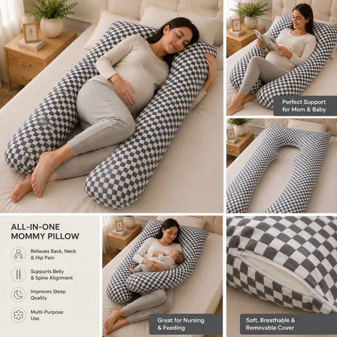 Pregnant woman sleeping comfortably using U shaped body pillow for back and belly support