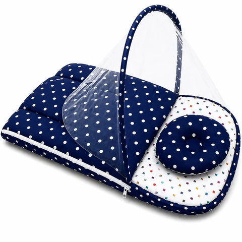 Zip up mosquito mesh net on dark blue polka dot print baby carry nest