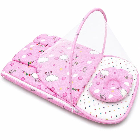Zip up mosquito mesh net on pink cloud print baby carry nest