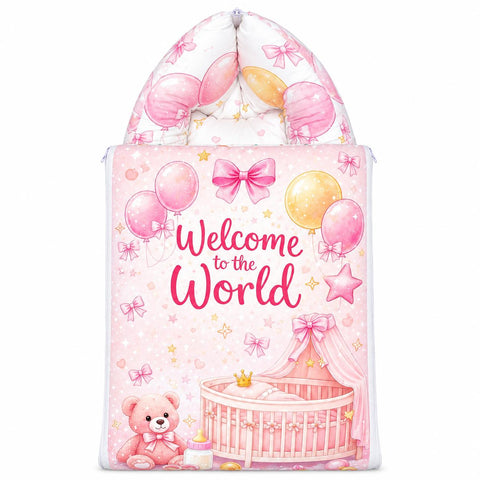 Baby carry nest sleeping bag zipped hood in pink welcome to the world cradle design