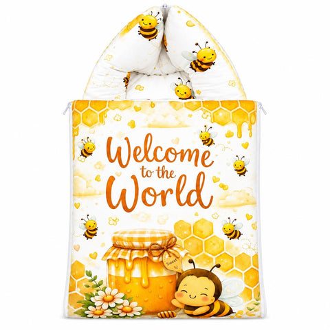 Baby carry nest sleeping bag zipped hood in yellow honey bee welcome to the world design