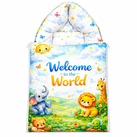 Baby carry nest sleeping bag zipped hood in cute safari welcome to the world design