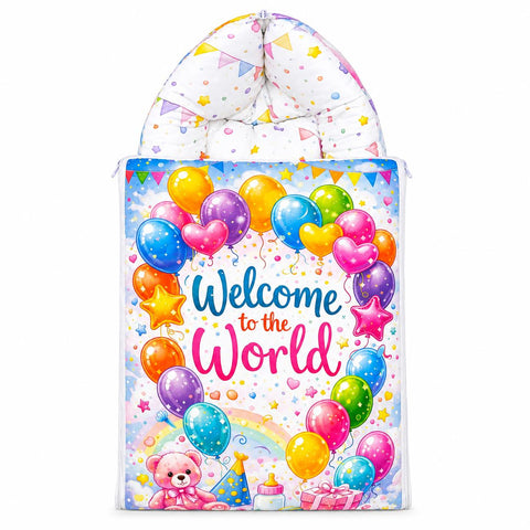 Baby carry nest sleeping bag zipped hood in bright balloons welcome to the world design