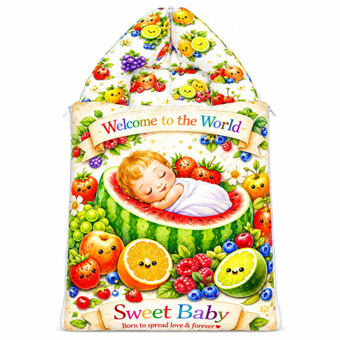 Baby carry nest sleeping bag zipped hood in vibrant fruit and watermelon sleeping baby design