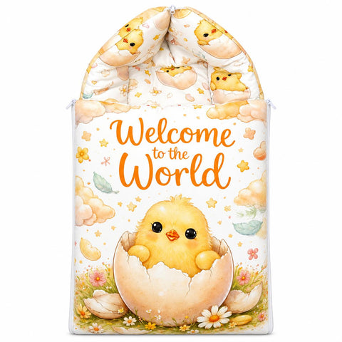 Baby carry nest sleeping bag zipped hood in yellow cute chick welcome to the world design
