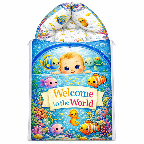 Baby carry nest sleeping bag zipped hood in vibrant blue underwater sea world design