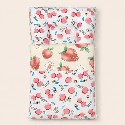 Soft cushioned baby carry nest laid flat unzipped in watercolor cherry pattern