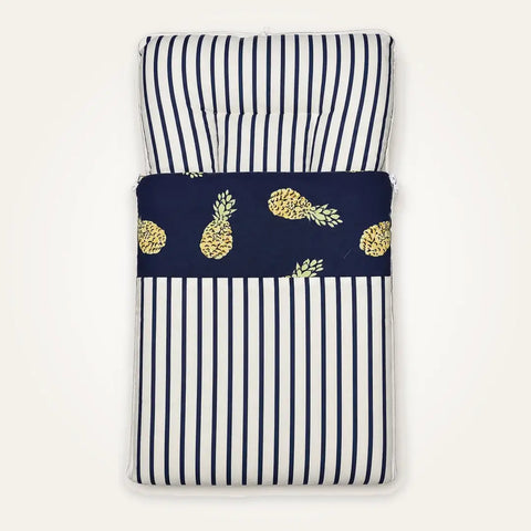 Soft cushioned baby carry nest laid flat unzipped in navy blue and white stripe pattern