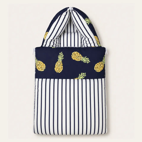 Baby carry nest sleeping bag zipped hood in navy blue stripe and pineapple print