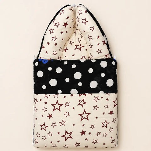 Baby carry nest sleeping bag zipped hood in star and black polka dot print