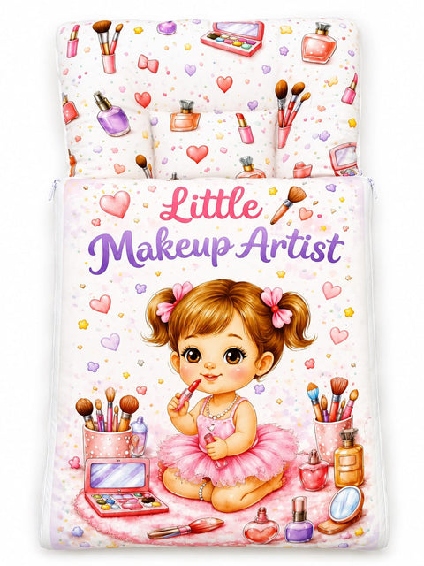 Soft cushioned baby carry nest laid flat unzipped in pink little makeup artist girl print