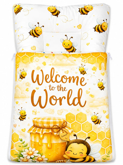 Soft cushioned baby carry nest laid flat unzipped in honey bee honeycomb and honey jar print