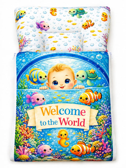 Soft cushioned baby carry nest laid flat unzipped in ocean sea world fish and coral print