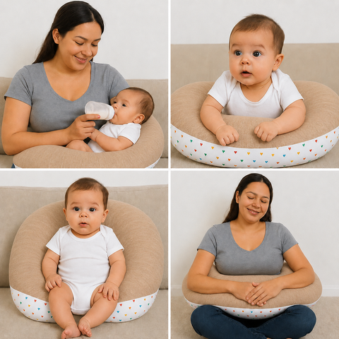 Mother using self print brown nursing pillow for comfortable breastfeeding