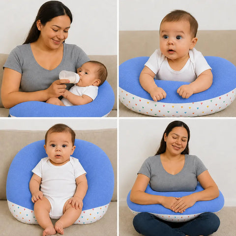 Mother using self print blue nursing pillow for comfortable breastfeeding